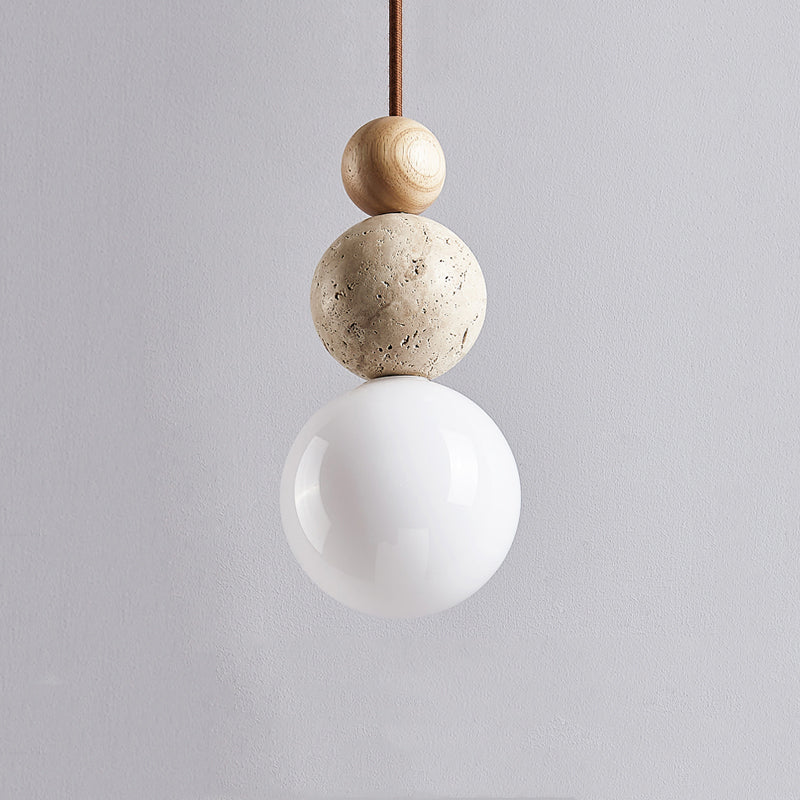 Suspension en Pierre de Lave Naturelle Travertin - Lampe Élégante en Verre et Bois