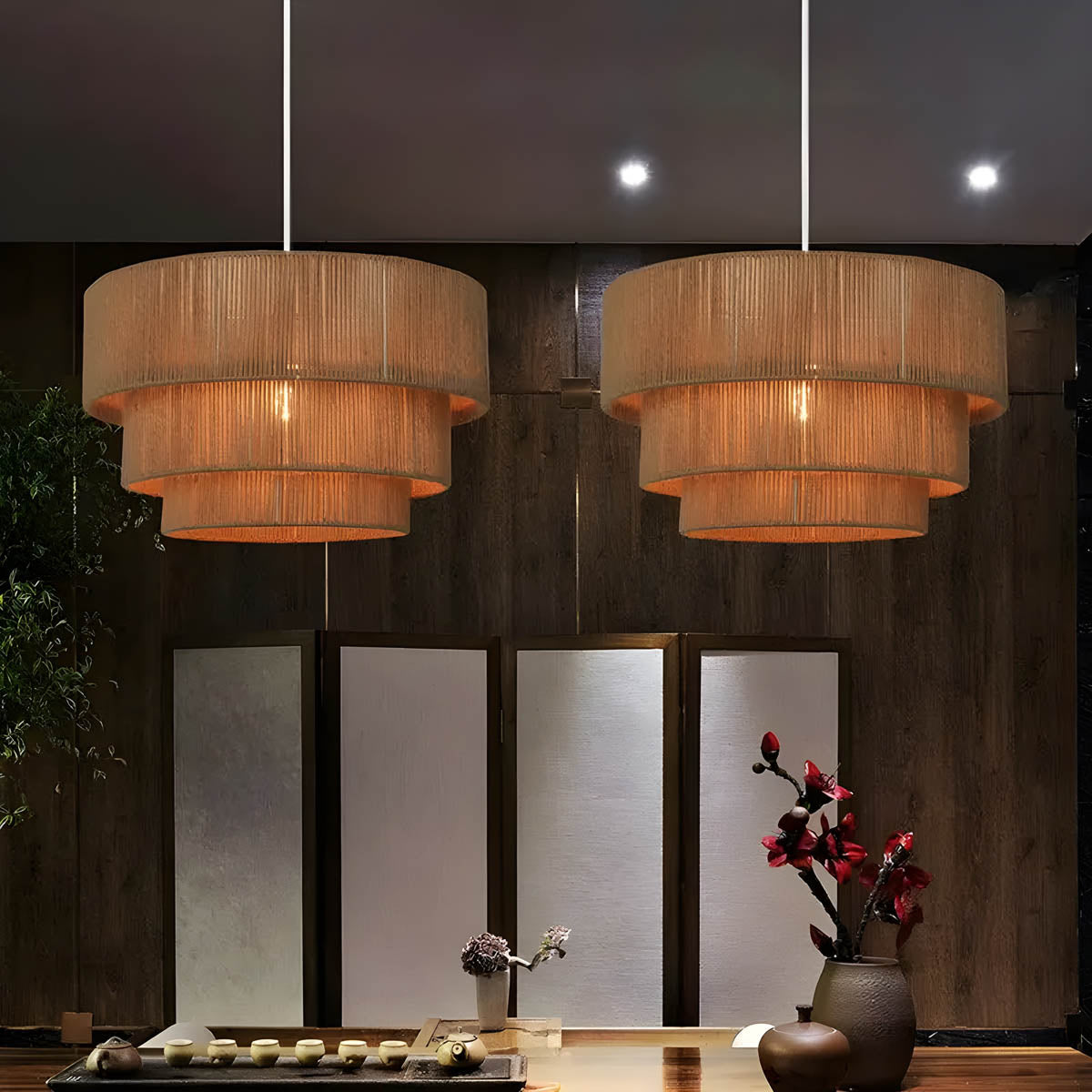 Suspension Moderne en Métal et Corde Naturelle - Lampe LED Écologique