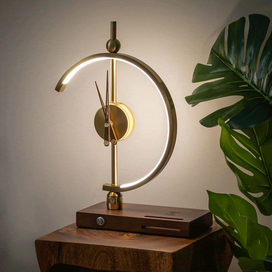 Lampe Horloge Moderne avec Chargeur Sans Fil - Design Élégant en Bois et Métal