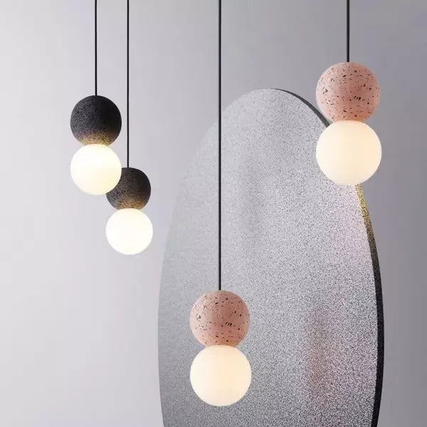 Suspension Origo – Design Géométrique en Pierre Volcanique et Diffuseur en Verre Opale
