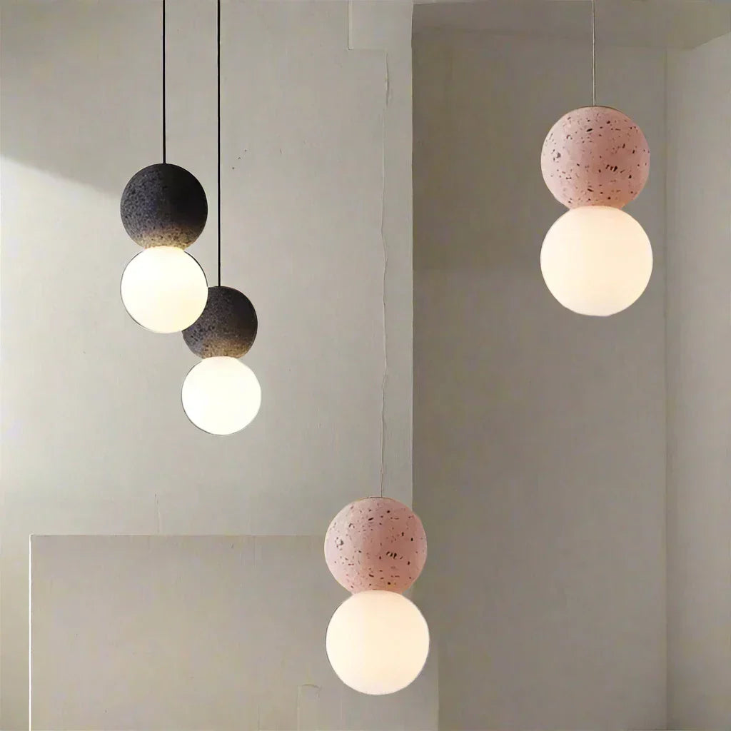 Suspension Origo – Design Géométrique en Pierre Volcanique et Diffuseur en Verre Opale