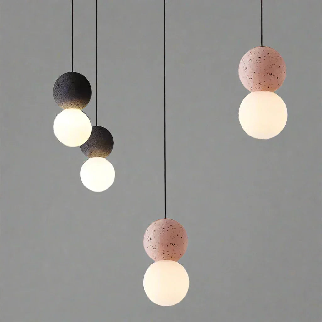 Suspension Origo – Design Géométrique en Pierre Volcanique et Diffuseur en Verre Opale