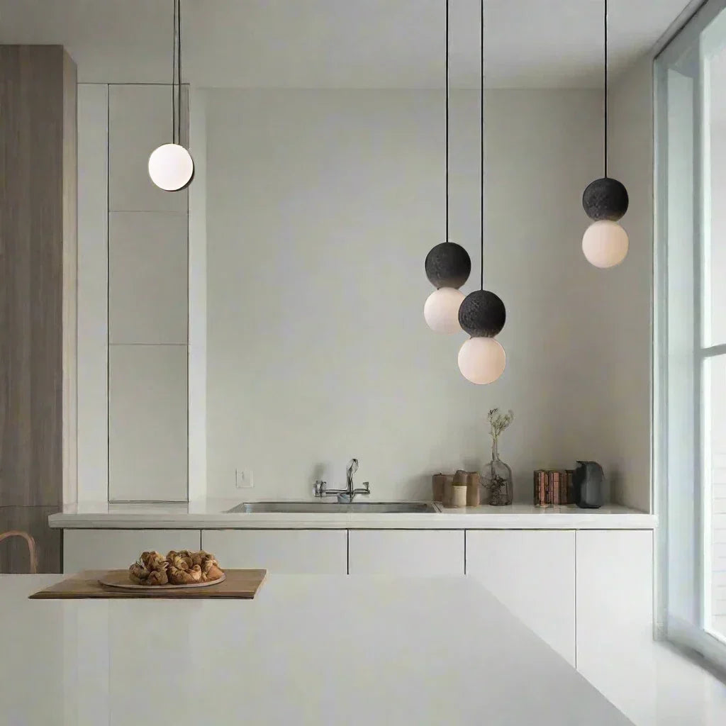 Suspension Origo – Design Géométrique en Pierre Volcanique et Diffuseur en Verre Opale