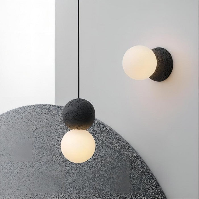 Suspension Origo – Design Géométrique en Zement, Pierre Volcanique et Verre Opale