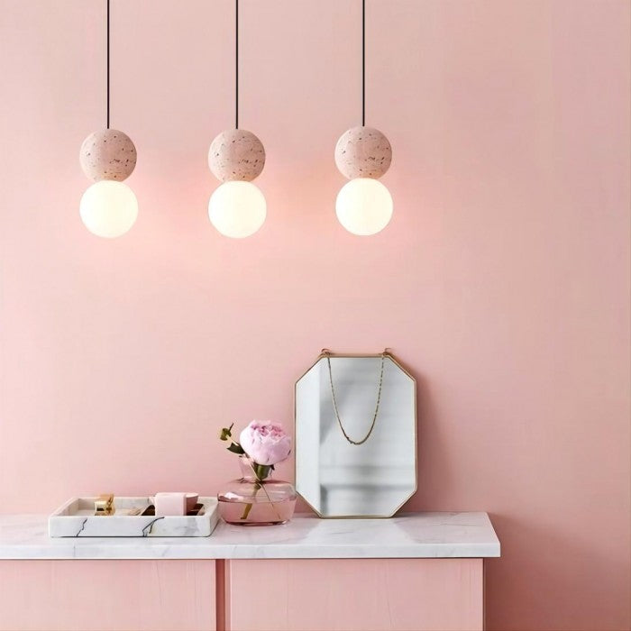 Suspension Origo – Design Géométrique en Zement, Pierre Volcanique et Verre Opale