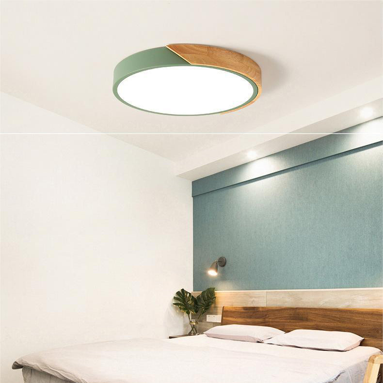 Plafonnier Circulaire Nordic Wooden Macaroon - Lampe LED en Bois et Métal pour Chambre et Salon