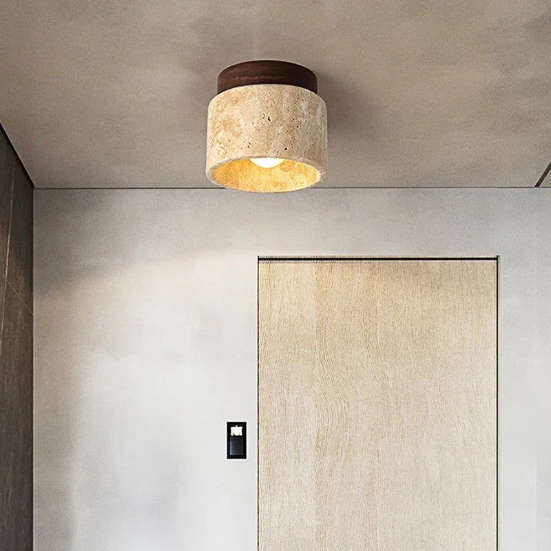 Lampe de Plafond Japonaise Créative en Crème - Design Minimaliste avec Base en Marbre et Bois