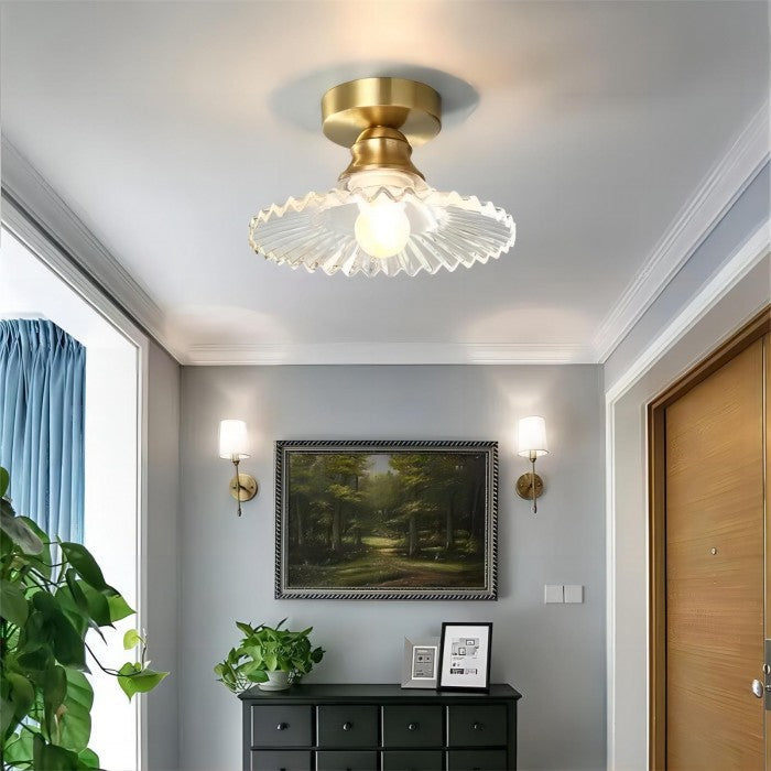 Lampe de plafond à pétales striés en verre clair – Design floral vintage élégant