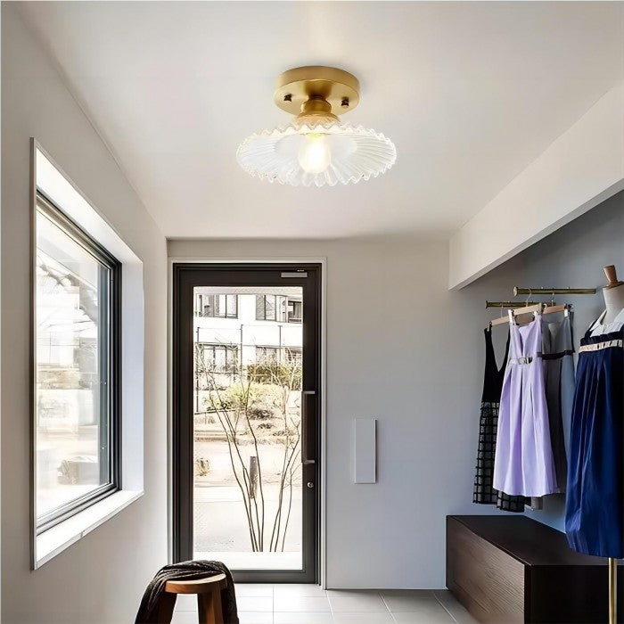 Lampe de plafond à pétales striés en verre clair – Design floral vintage élégant