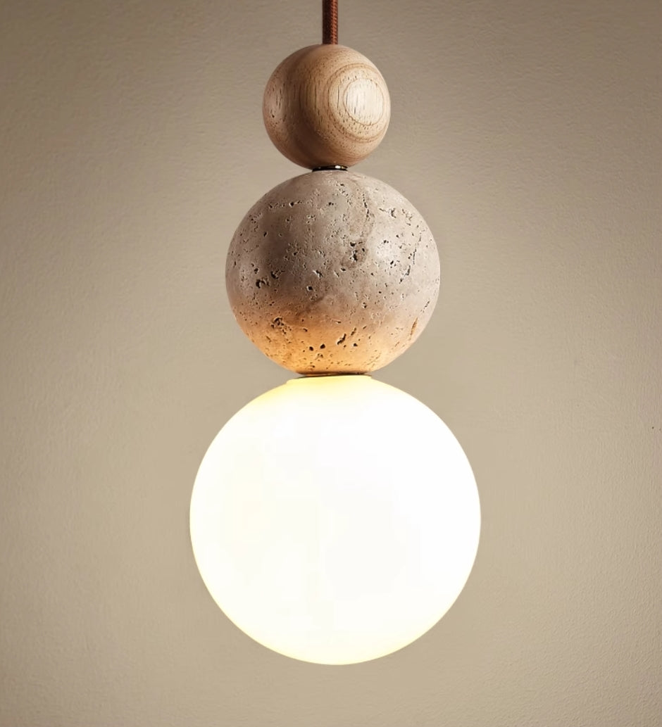 Suspension en Pierre de Lave Naturelle Travertin - Lampe Élégante en Verre et Bois