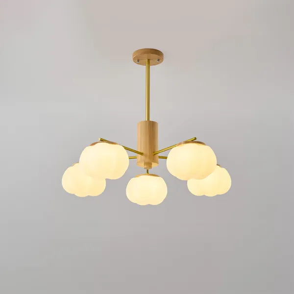 Chandelier Moderne en Bois et Métal avec Boules en Coton – Éclairage Élégant pour Salon et Salle à Manger