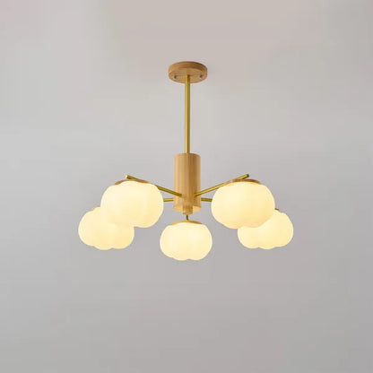 Chandelier Moderne en Bois et Métal avec Boules en Coton – Éclairage Élégant pour Salon et Salle à Manger