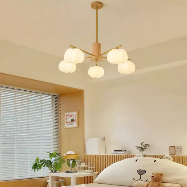 Chandelier Moderne en Bois et Métal avec Boules en Coton – Éclairage Élégant pour Salon et Salle à Manger