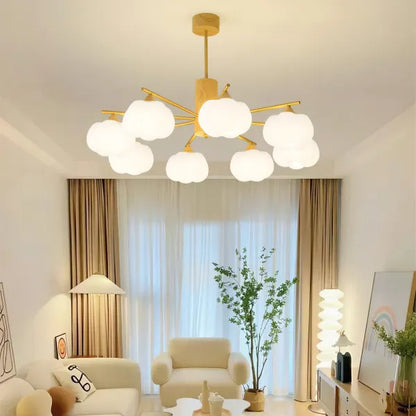 Chandelier Moderne en Bois et Métal avec Boules en Coton – Éclairage Élégant pour Salon et Salle à Manger