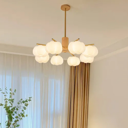 Chandelier Moderne en Bois et Métal avec Boules en Coton – Éclairage Élégant pour Salon et Salle à Manger