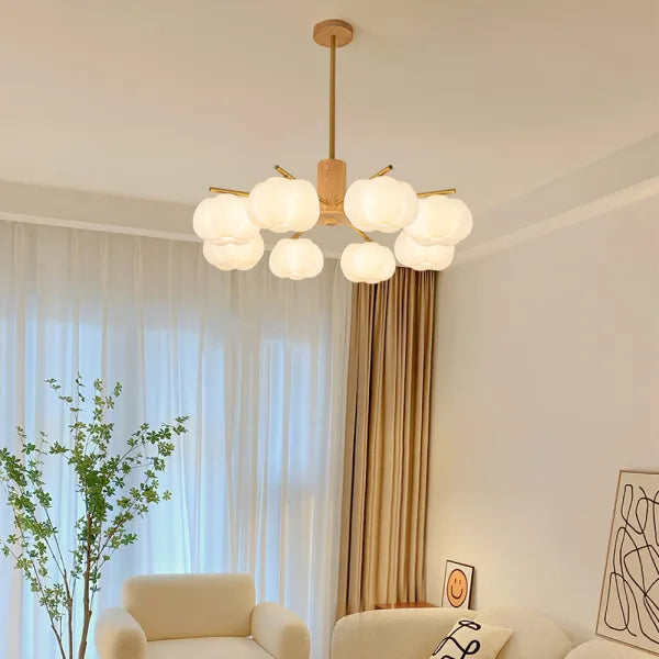Chandelier Moderne en Bois et Métal avec Boules en Coton – Éclairage Élégant pour Salon et Salle à Manger