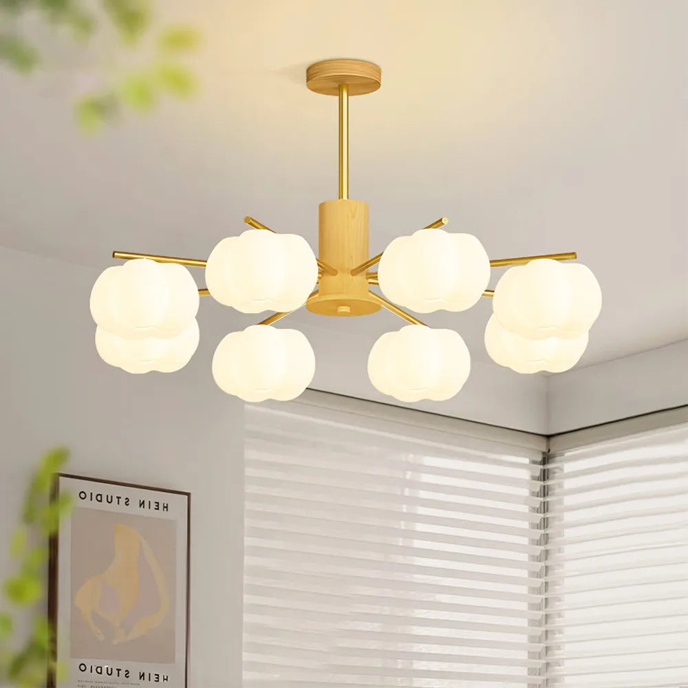 Chandelier Moderne en Bois et Métal avec Boules en Coton – Éclairage Élégant pour Salon et Salle à Manger