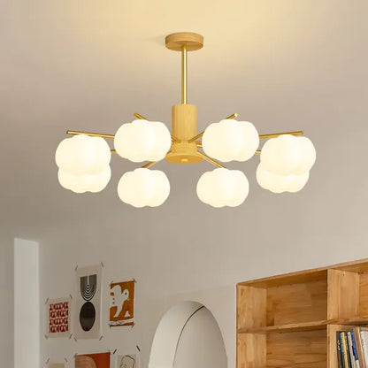 Chandelier Moderne en Bois et Métal avec Boules en Coton – Éclairage Élégant pour Salon et Salle à Manger
