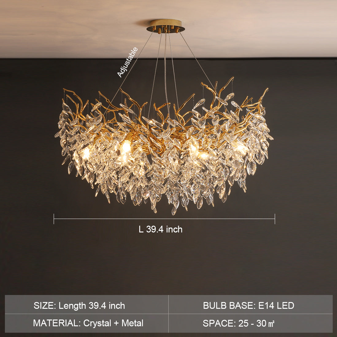 Lustre en Cristal Style Branché Français – Lustre Élégant en Aluminium et Cristal pour Salon et Salle à Manger