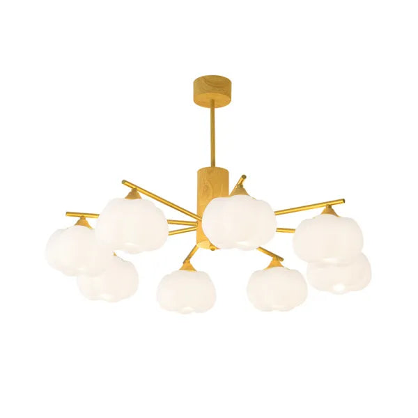 Chandelier Moderne en Bois et Métal avec Boules en Coton – Éclairage Élégant pour Salon et Salle à Manger