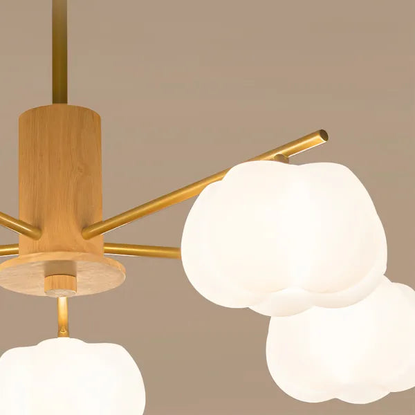 Chandelier Moderne en Bois et Métal avec Boules en Coton – Éclairage Élégant pour Salon et Salle à Manger