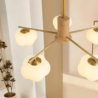 Chandelier Moderne en Bois et Métal avec Boules en Coton – Éclairage Élégant pour Salon et Salle à Manger