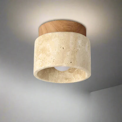 Lampe de Plafond Japonaise Créative en Crème - Design Minimaliste avec Base en Marbre et Bois