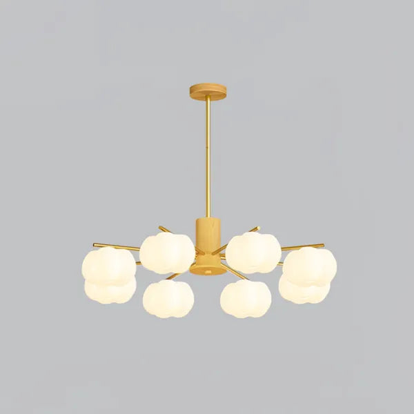 Chandelier Moderne en Bois et Métal avec Boules en Coton – Éclairage Élégant pour Salon et Salle à Manger
