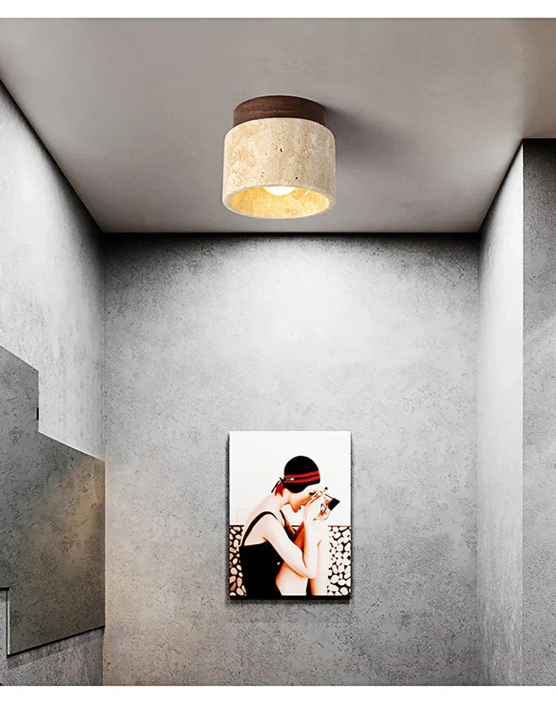 Lampe de Plafond Japonaise Créative en Crème - Design Minimaliste avec Base en Marbre et Bois