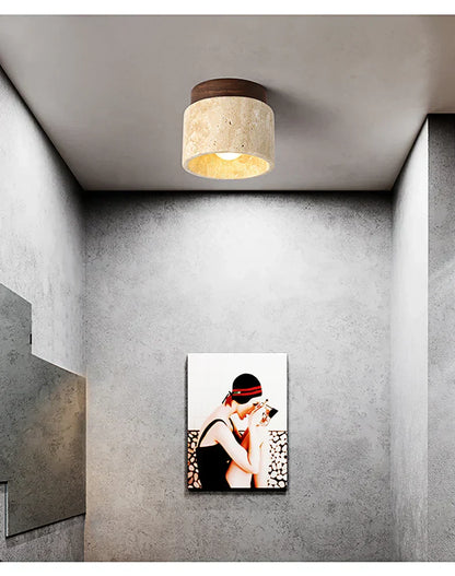 Lampe de Plafond Japonaise Créative en Crème - Design Minimaliste avec Base en Marbre et Bois
