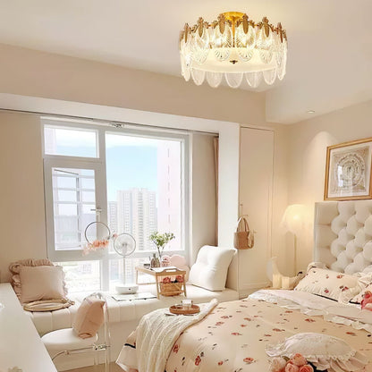 Chandelier Rond en Verre avec Motif Décoratif - Lampe Suspendue Élégante