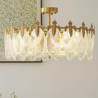Chandelier Rond en Verre avec Motif Décoratif - Lampe Suspendue Élégante