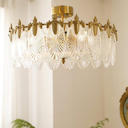 Chandelier Rond en Verre avec Motif Décoratif - Lampe Suspendue Élégante