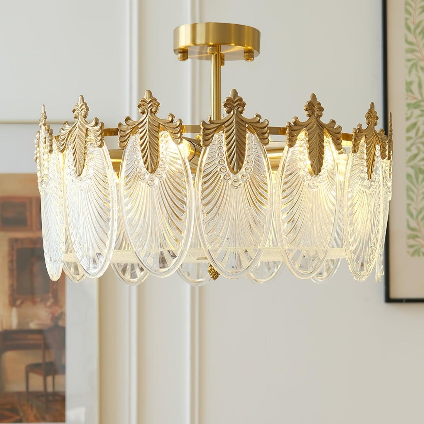 Chandelier Rond en Verre avec Motif Décoratif - Lampe Suspendue Élégante