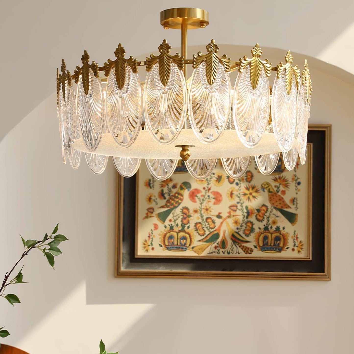 Chandelier Rond en Verre avec Motif Décoratif - Lampe Suspendue Élégante
