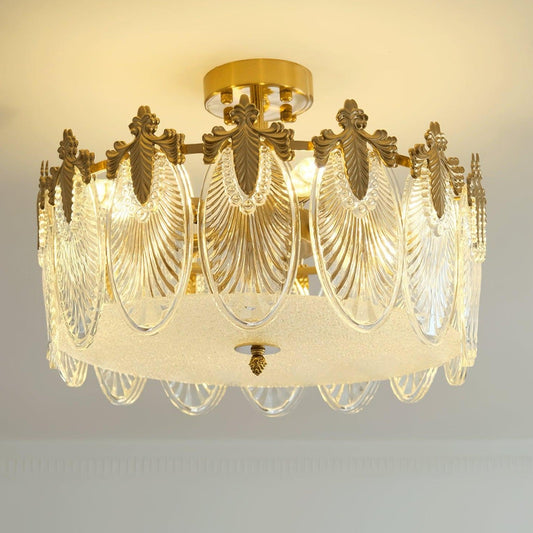 Chandelier Rond en Verre avec Motif Décoratif - Lampe Suspendue Élégante