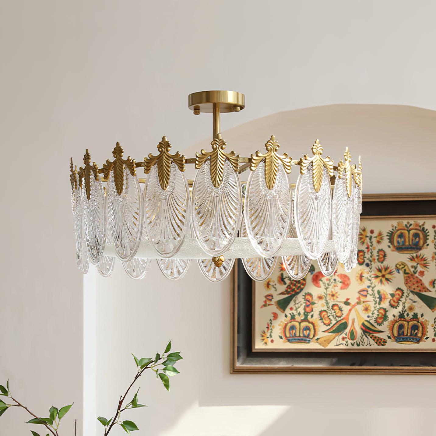 Chandelier Rond en Verre avec Motif Décoratif - Lampe Suspendue Élégante