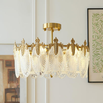 Chandelier Rond en Verre avec Motif Décoratif - Lampe Suspendue Élégante