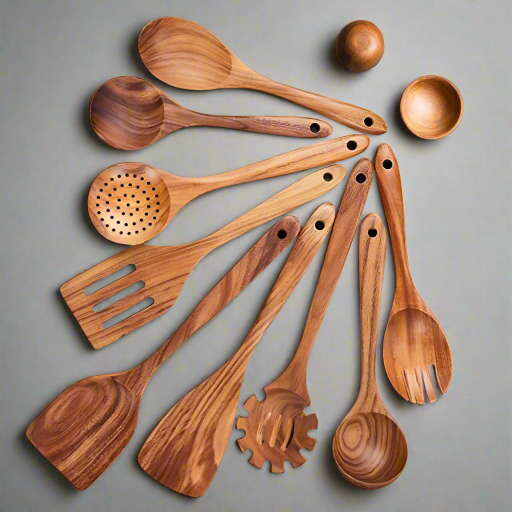 Ensemble d’Ustensiles en Bois Terra | Élégance et Durabilité pour votre Cuisine