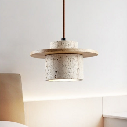 Suspension en Travertin et Bois avec Éclairage LED – Design Naturel et Élégant