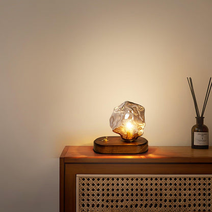 Lampe de Table en Verre Ice Stone – Design Élégant avec Base Métal et Bois