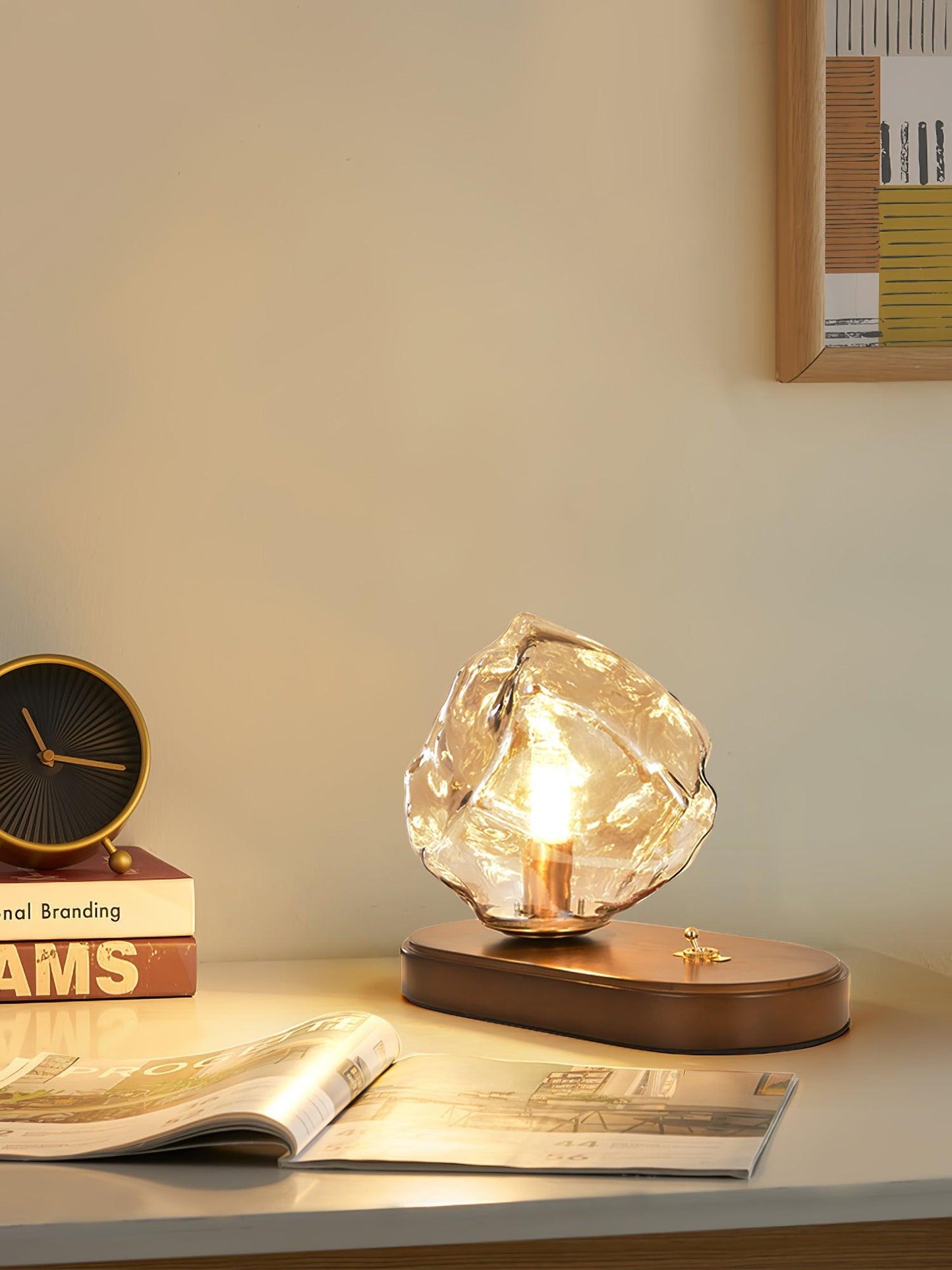 Lampe de Table en Verre Ice Stone – Design Élégant avec Base Métal et Bois