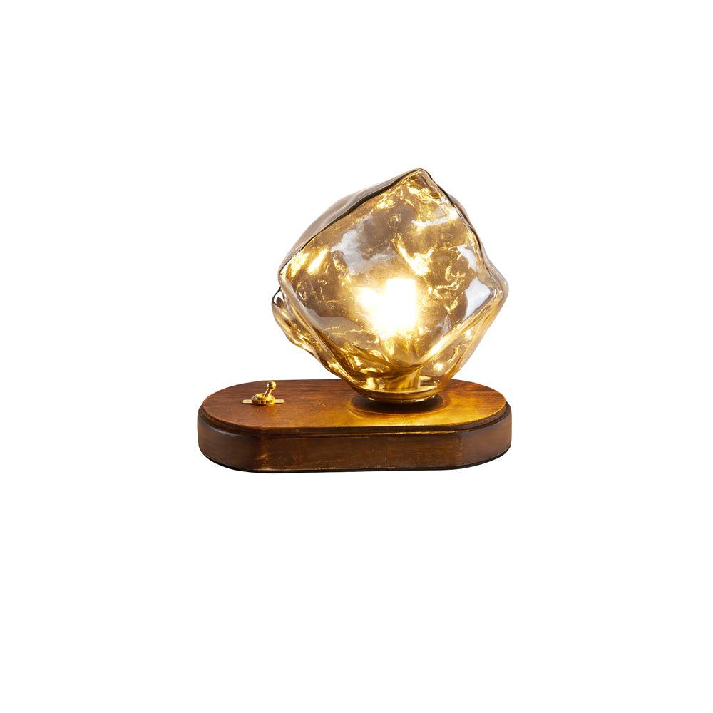 Lampe de Table en Verre Ice Stone – Design Élégant avec Base Métal et Bois