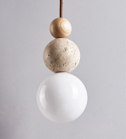 Suspension en Pierre de Lave Naturelle Travertin - Lampe Élégante en Verre et Bois