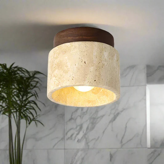 Lampe de Plafond Japonaise Créative en Crème - Design Minimaliste avec Base en Marbre et Bois