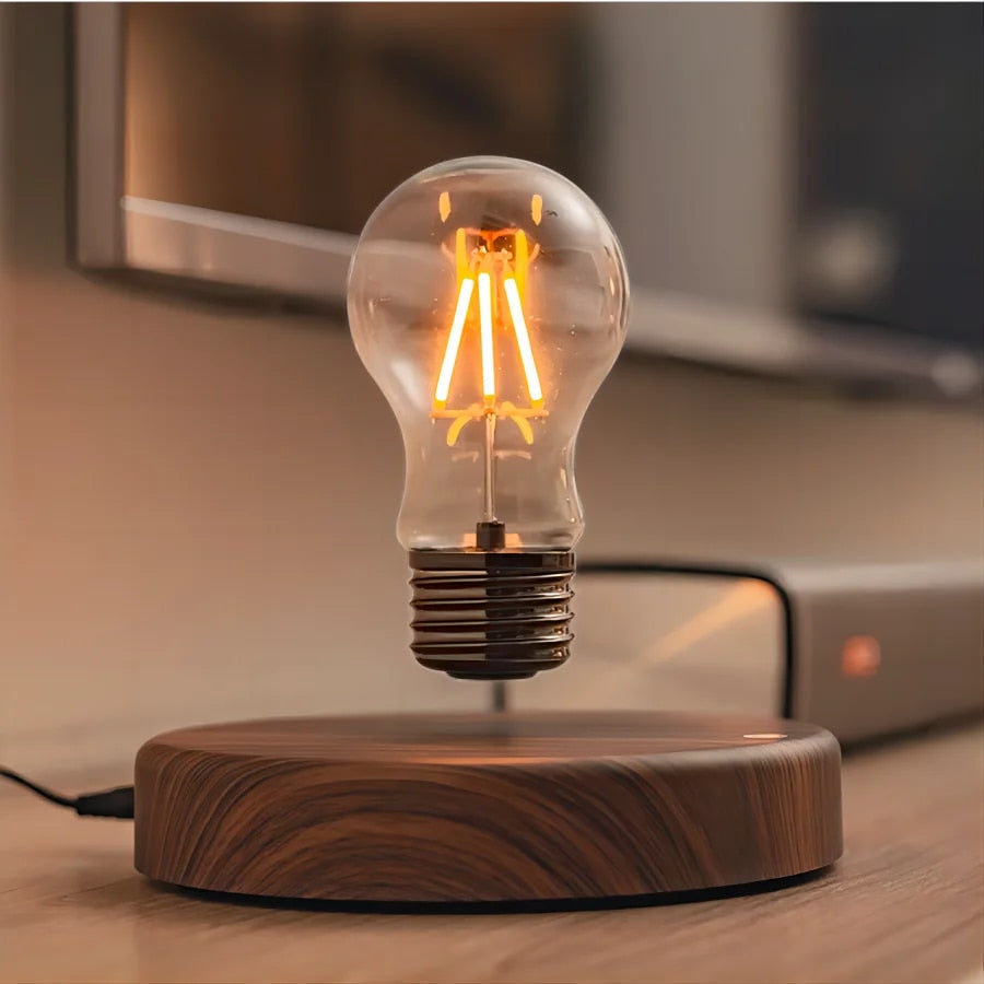 Lampe à Léviation Magnétique LED – Édition Bois Premium avec Ampoule Flottante