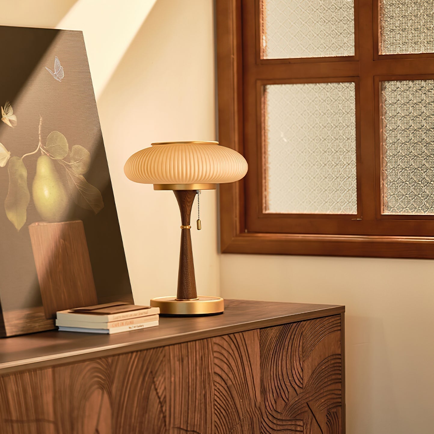 Lampe de Table Matsutake - Design Organique avec Base en Métal, Bois et Verre