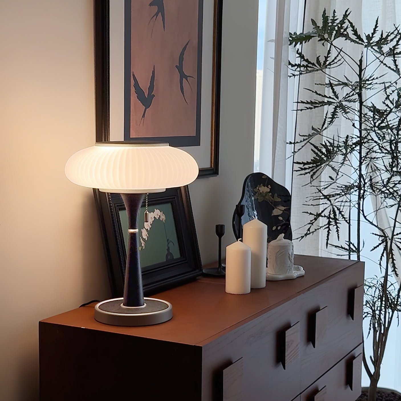Lampe de Table Matsutake - Design Organique avec Base en Métal, Bois et Verre