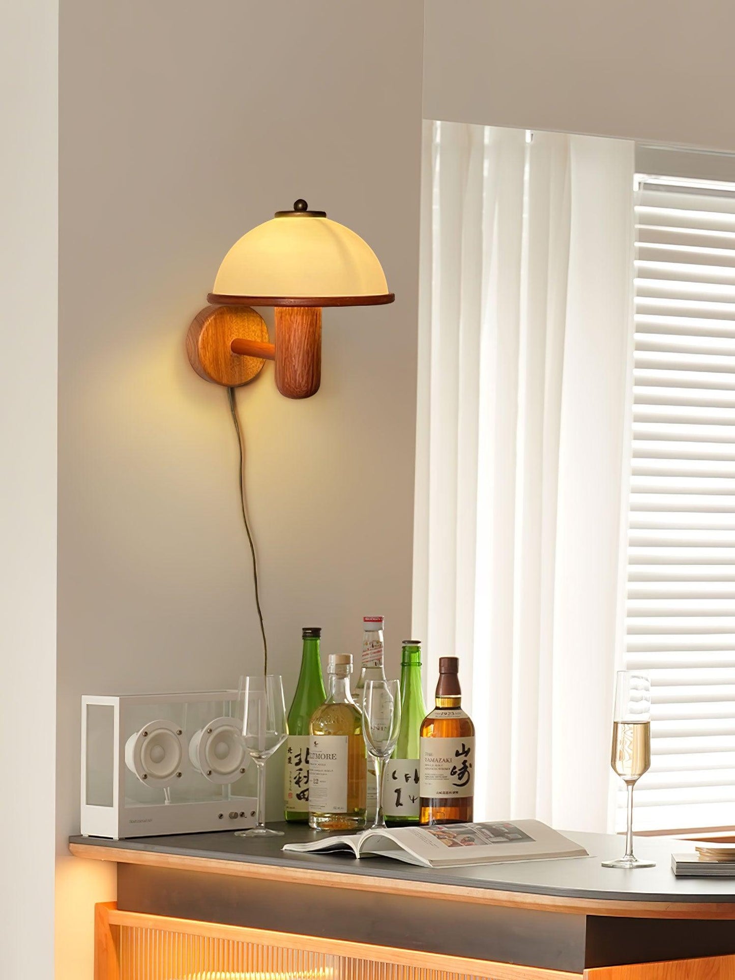 Lampe Murale Pilz en Bois – Élégante Lampe à Eiche avec Abat-jour Blanc