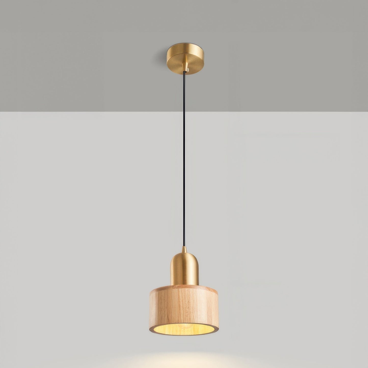 Suspension Cylinder – Lampe Moderne en Laiton et Bois avec Éclairage LED